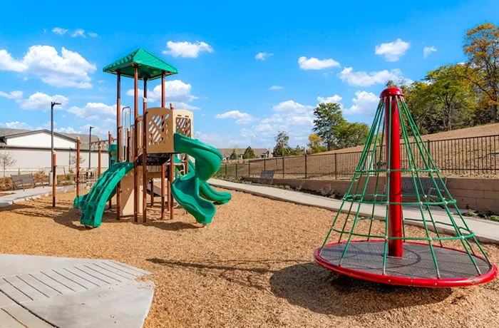 Playground mulch beneath slides and rope climber, completed installation by Pro Playgrounds