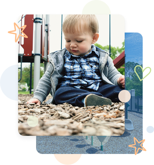 Certified-Playground-Mulch-and-Installation-2 Toddler sitting on playground wood fiber mulch near play structure