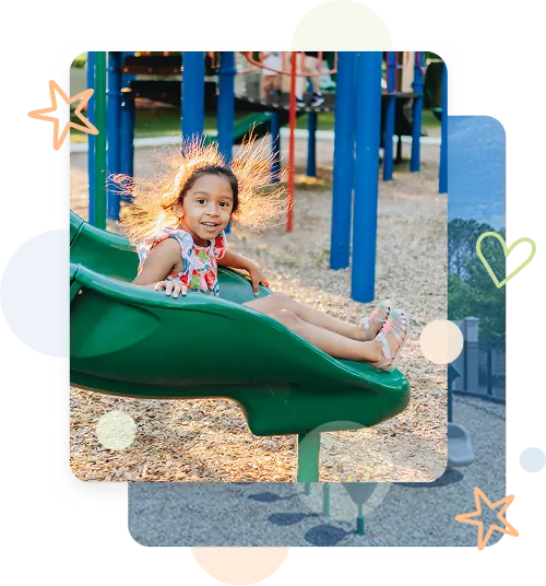 Certified-Wood-Playground-Mulch-4 Child on green slide over certified wood playground mulch in community playground setting