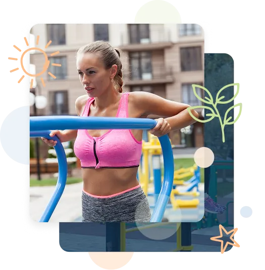 Outdoor-Fitness-Park-Design-and-Construction Woman using outdoor dip bars in residential fitness park setting