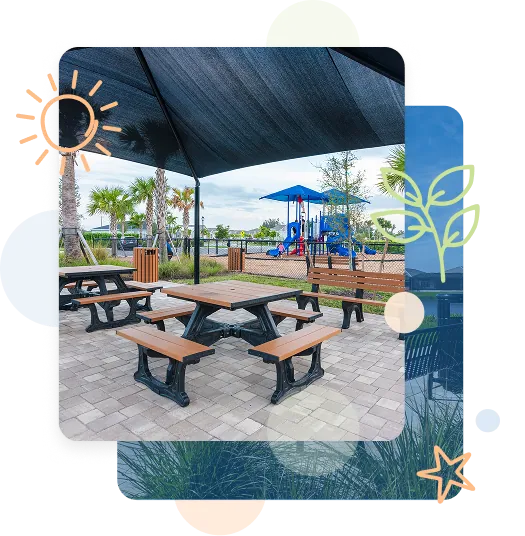 Park-Furniture-Products-and-Site-Amenities-2 Picnic tables and benches under shade canopy, installed by Pro Playgrounds