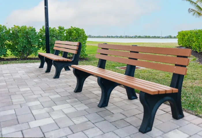 Two composite park benches, installed by Pro Playgrounds