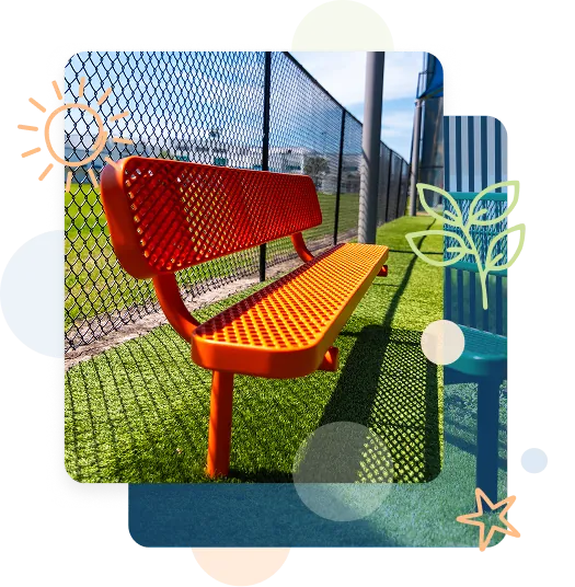 Park-Furniture-Products-and-Site-Amenities Perforated steel park bench on turf, installed by Pro Playgrounds