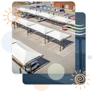 Multiple hip-style fabric parking shade structures covering cars in large paved lot.