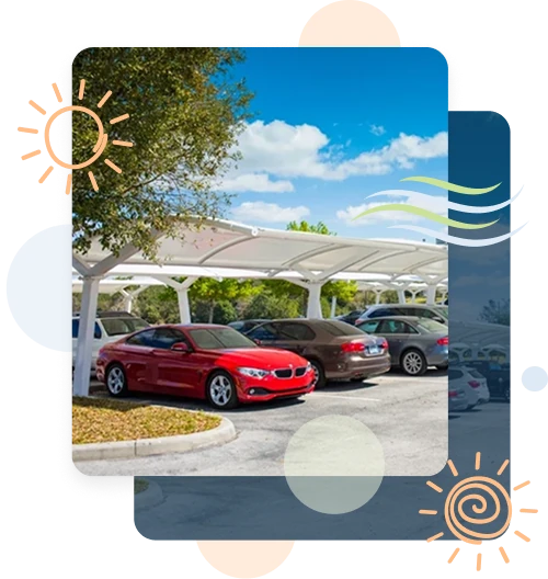 Parking-Automotive-and-Vehicle-Protection-Shade-Systems White arched fabric parking lot shade structure covering several parked cars in commercial lot.