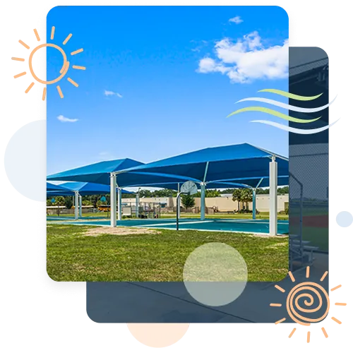 Shade-Systems-for-Athletic-Courts Completed shade structure installation by Pro Playgrounds with blues hades over outdoor basketball courts