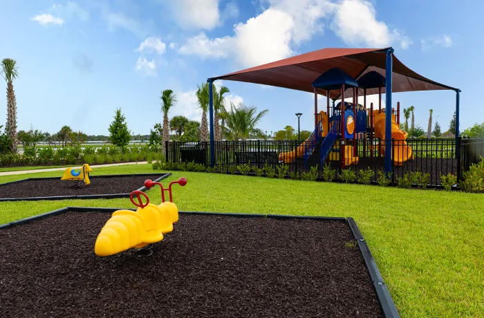 Park playground with spring rider and shaded structure, completed playground by Pro Playgrounds