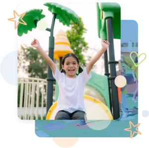 Happy girl playing on modern outdoor playground.