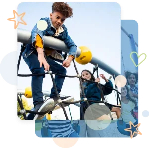 Kids climbing on outdoor playground equipment.